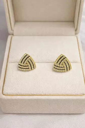 Black triangular stud earrings with crystals, gold plated, geometric design