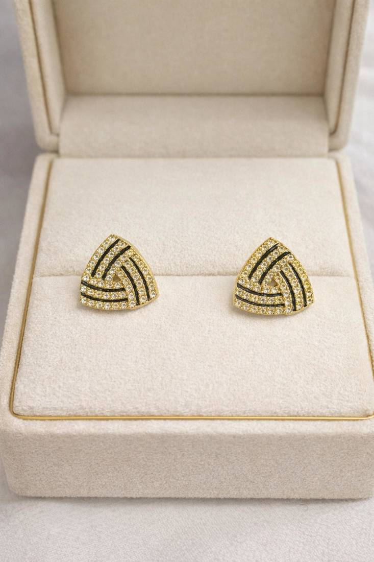 Black triangular stud earrings with crystals, gold plated, geometric design