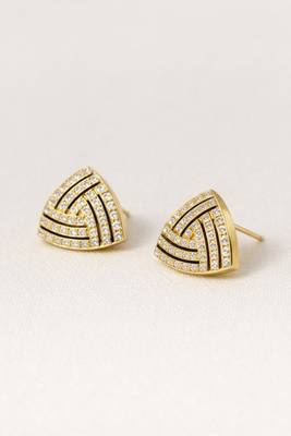 Black triangular stud earrings with crystals, gold plated, geometric design 3