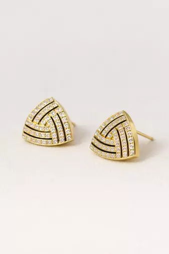 Black triangular stud earrings with crystals, gold plated, geometric design