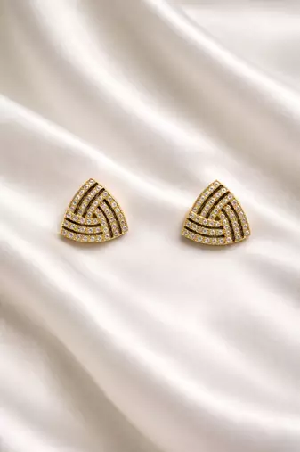 Black triangular stud earrings with crystals, gold plated, geometric design