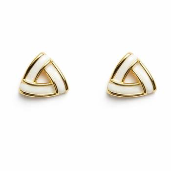 Triangle stud earrings with white enamel, gold tone geometric design, medium size, polished finish 1