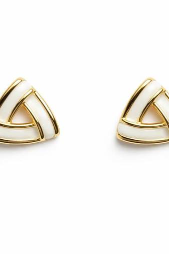 Triangle stud earrings with white enamel, gold tone geometric design, medium size, polished finish