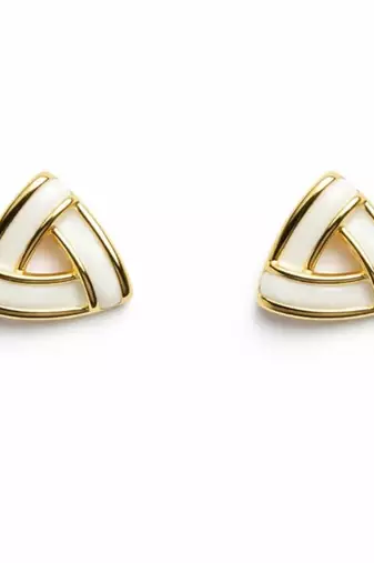 Triangle stud earrings with white enamel, gold tone geometric design, medium size, polished finish