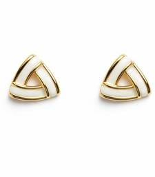 Triangle stud earrings with white enamel, gold tone geometric design, medium size, polished finish
