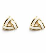 Triangle stud earrings with white enamel, gold tone geometric design, medium size, polished finish