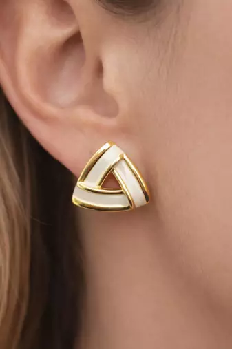 Triangle stud earrings with white enamel, gold tone geometric design, medium size, polished finish
