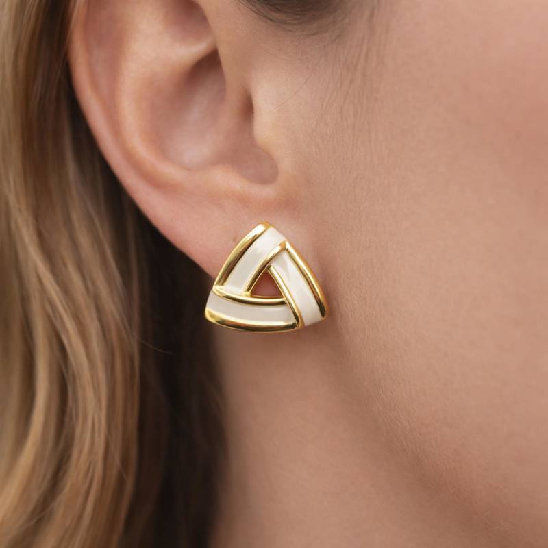 Triangle stud earrings with white enamel, gold tone geometric design, medium size, polished finish