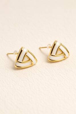 Triangle stud earrings with white enamel, gold tone geometric design, medium size, polished finish 3