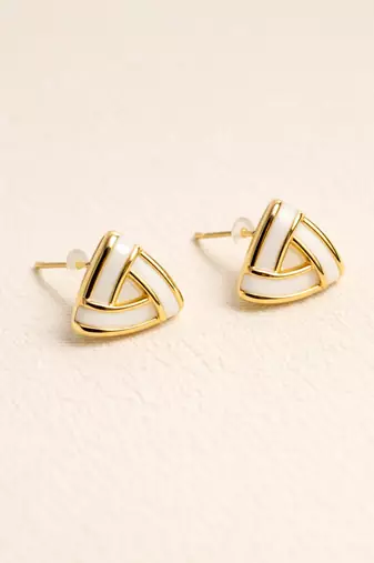 Triangle stud earrings with white enamel, gold tone geometric design, medium size, polished finish