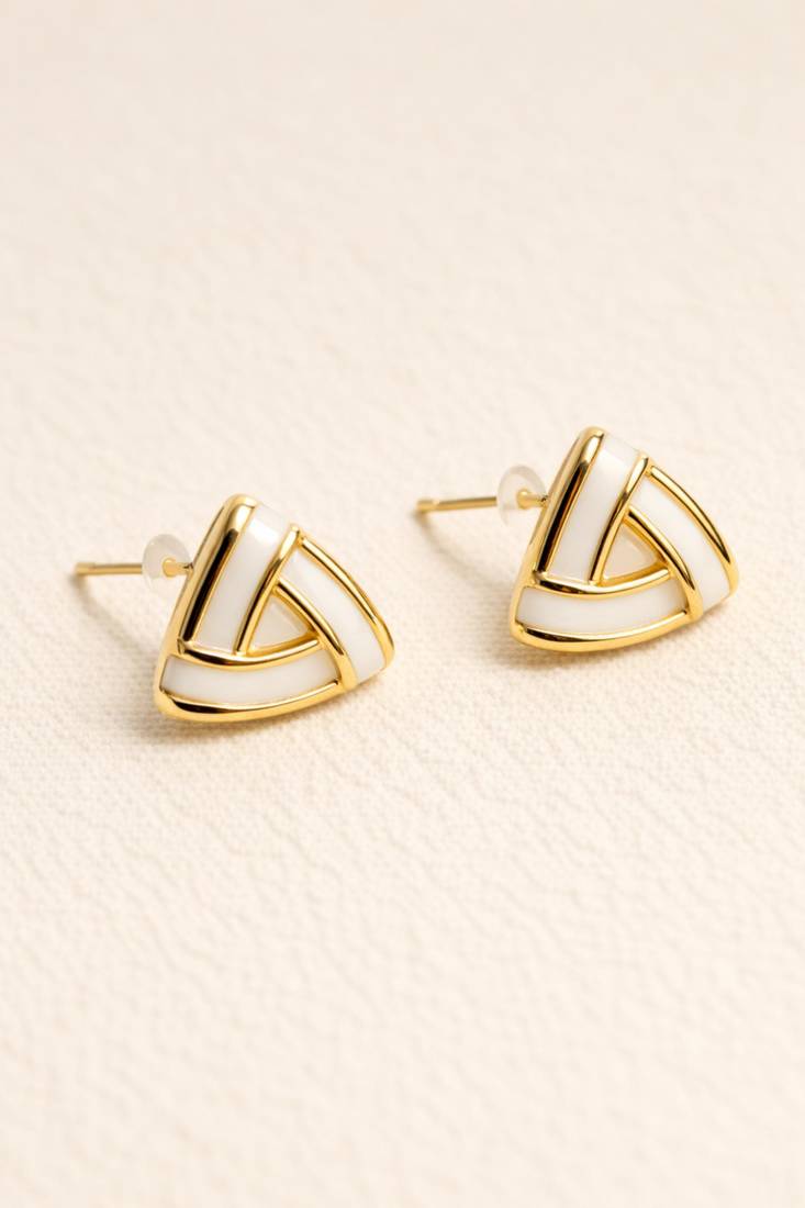 Triangle stud earrings with white enamel, gold tone geometric design, medium size, polished finish