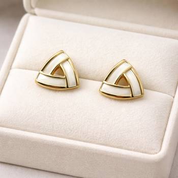 Triangle stud earrings with white enamel, gold tone geometric design, medium size, polished finish 4