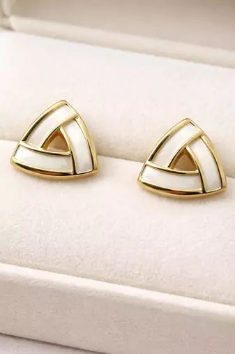 Triangle stud earrings with white enamel, gold tone geometric design, medium size, polished finish