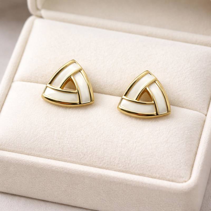 Triangle stud earrings with white enamel, gold tone geometric design, medium size, polished finish