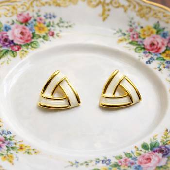 Triangle stud earrings with white enamel, gold tone geometric design, medium size, polished finish 5