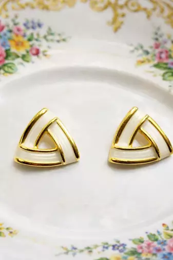 Triangle stud earrings with white enamel, gold tone geometric design, medium size, polished finish