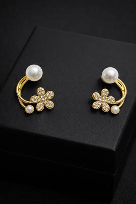 Pearl and crystal flower ear cuff earrings, gold tone, curved design with rhinestone floral accent 1