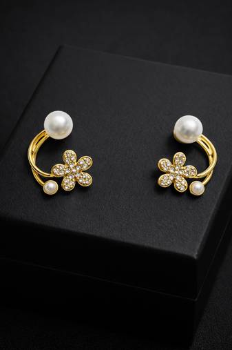 Pearl and crystal flower ear cuff earrings, gold tone, curved design with rhinestone floral accent