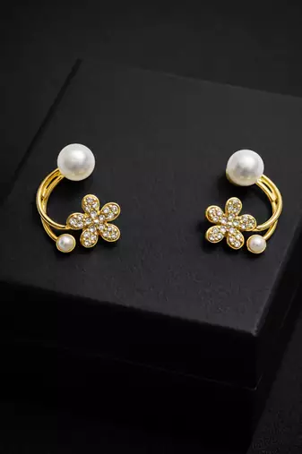Pearl and crystal flower ear cuff earrings, gold tone, curved design with rhinestone floral accent