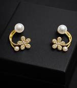 Pearl and crystal flower ear cuff earrings, gold tone, curved design with rhinestone floral accent