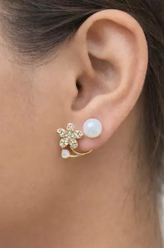 Pearl and crystal flower ear cuff earrings, gold tone, curved design with rhinestone floral accent