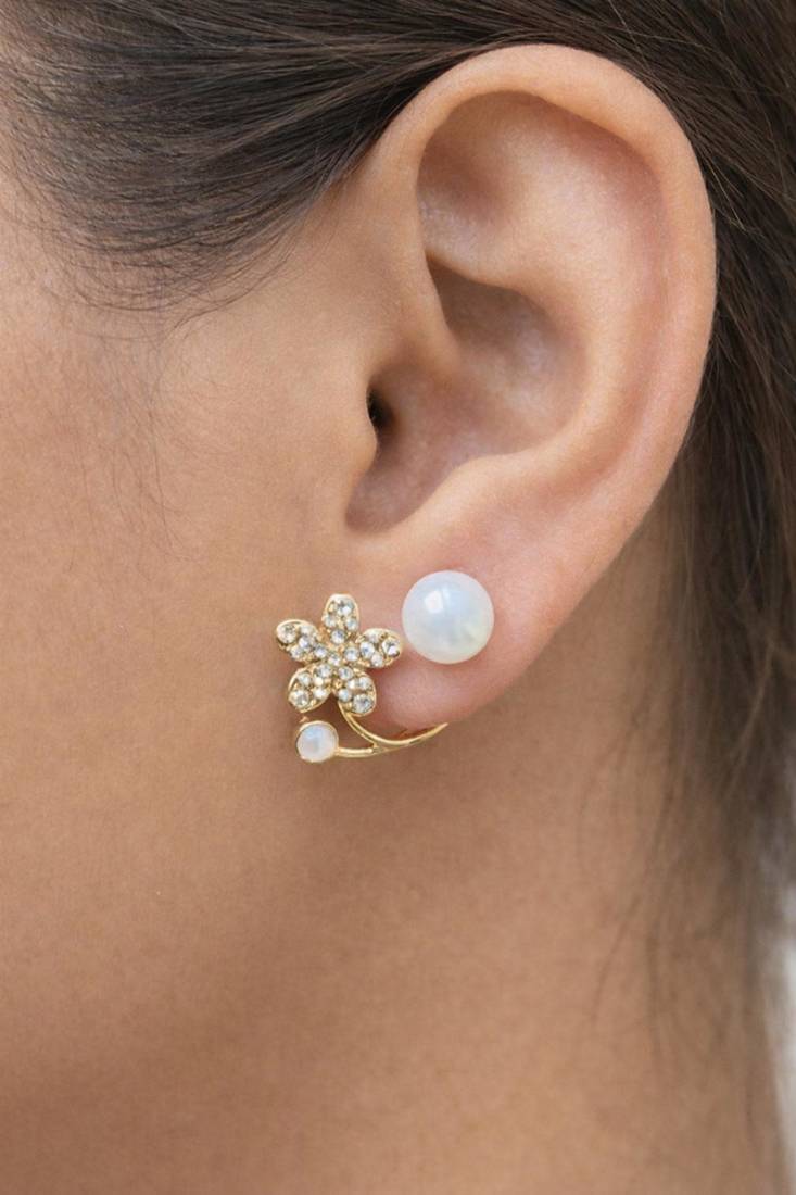 Pearl and crystal flower ear cuff earrings, gold tone, curved design with rhinestone floral accent