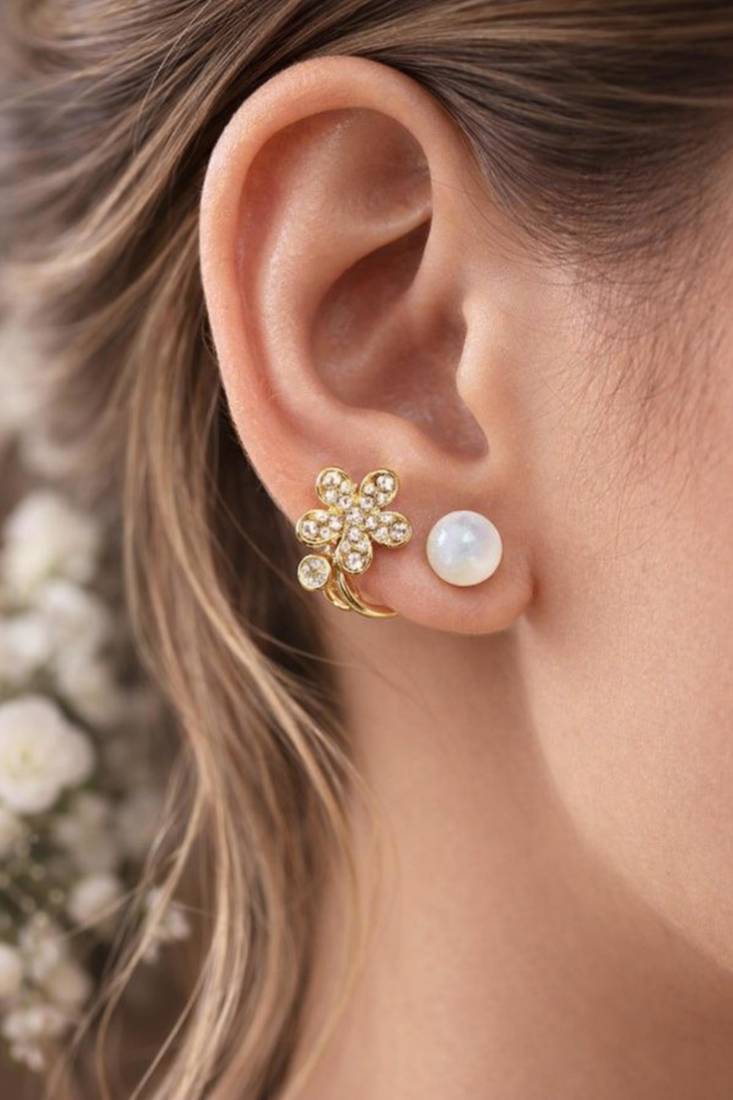 Pearl and crystal flower ear cuff earrings, gold tone, curved design with rhinestone floral accent