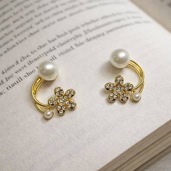 Pearl and crystal flower ear cuff earrings, gold tone, curved design with rhinestone floral accent 4