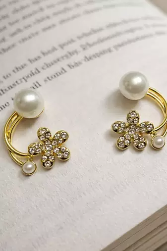 Pearl and crystal flower ear cuff earrings, gold tone, curved design with rhinestone floral accent