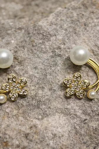 Pearl and crystal flower ear cuff earrings, gold tone, curved design with rhinestone floral accent