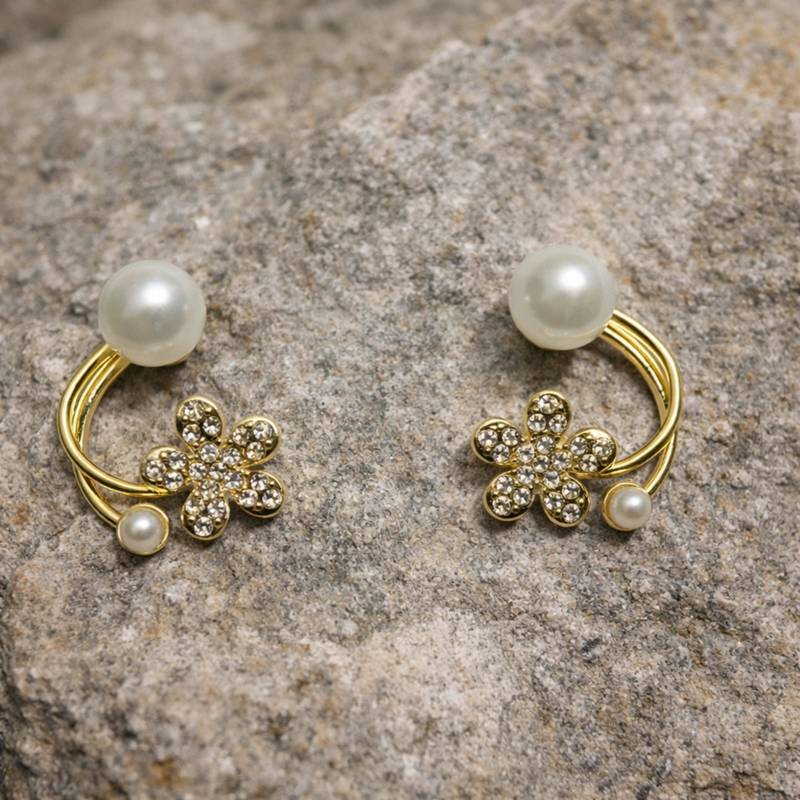 Pearl and crystal flower ear cuff earrings, gold tone, curved design with rhinestone floral accent