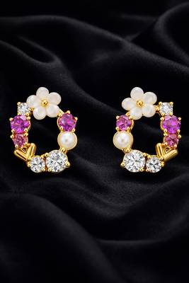 Gold tone floral wreath drop earrings with multicolor crystals, pearl accents polished finish, medium size 1