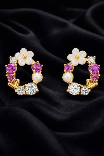 Gold tone floral wreath drop earrings with multicolor crystals, pearl accents polished finish, medium size