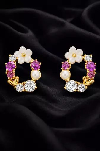 Gold tone floral wreath drop earrings with multicolor crystals, pearl accents polished finish, medium size
