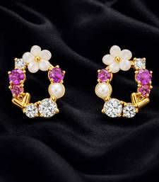 Gold tone floral wreath drop earrings with multicolor crystals, pearl accents polished finish, medium size