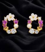 Gold tone floral wreath drop earrings with multicolor crystals, pearl accents polished finish, medium size
