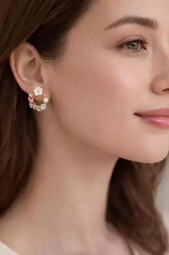 Gold tone floral wreath drop earrings with multicolor crystals, pearl accents polished finish, medium size