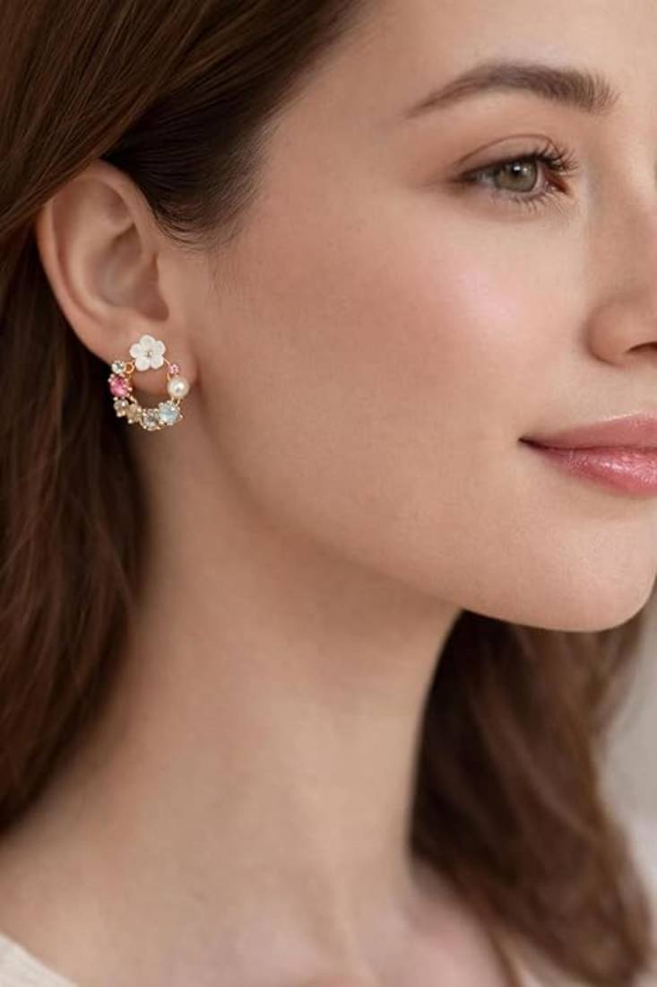 Gold tone floral wreath drop earrings with multicolor crystals, pearl accents polished finish, medium size