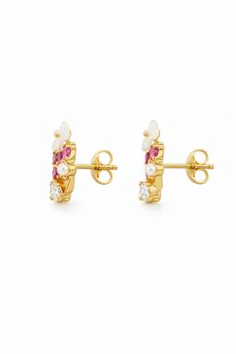 Gold tone floral wreath drop earrings with multicolor crystals, pearl accents polished finish, medium size 3