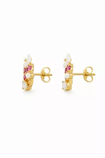 Gold tone floral wreath drop earrings with multicolor crystals, pearl accents polished finish, medium size