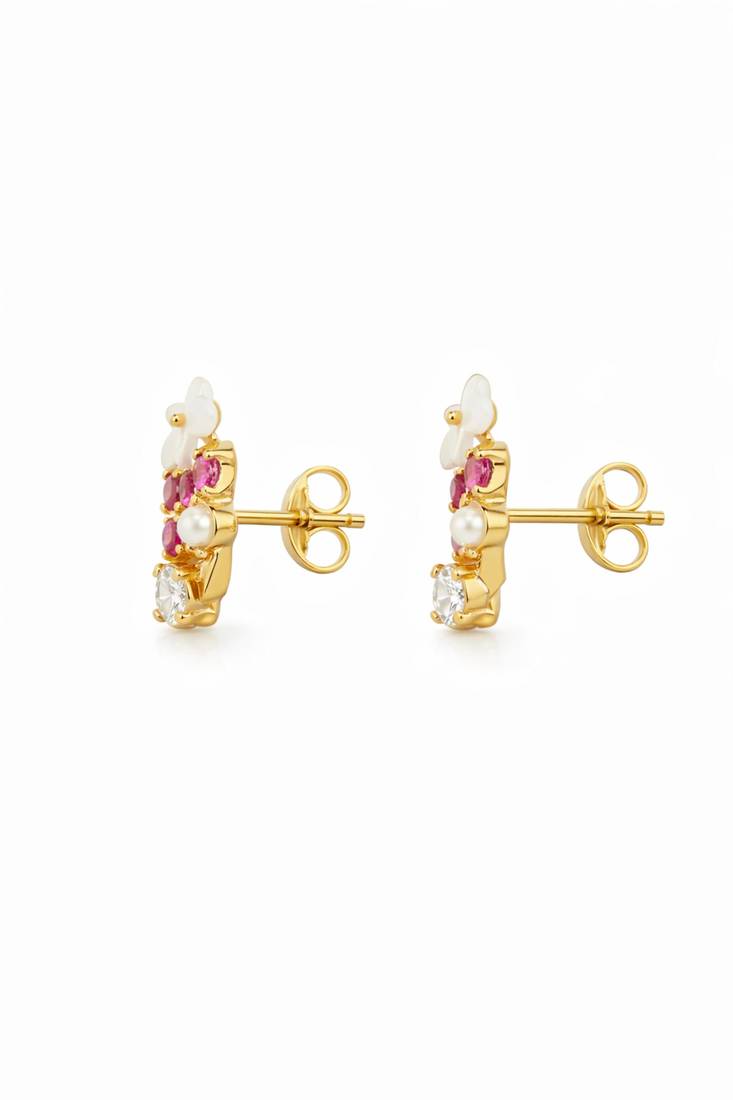 Gold tone floral wreath drop earrings with multicolor crystals, pearl accents polished finish, medium size
