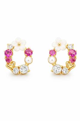 Gold tone floral wreath drop earrings with multicolor crystals, pearl accents polished finish, medium size 4