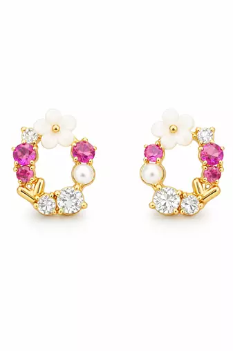 Gold tone floral wreath drop earrings with multicolor crystals, pearl accents polished finish, medium size