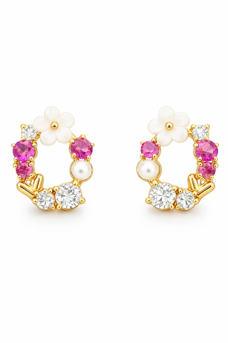 Gold tone floral wreath drop earrings with multicolor crystals, pearl accents polished finish, medium size