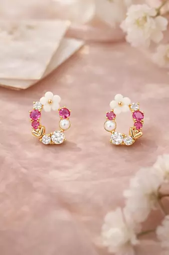 Gold tone floral wreath drop earrings with multicolor crystals, pearl accents polished finish, medium size