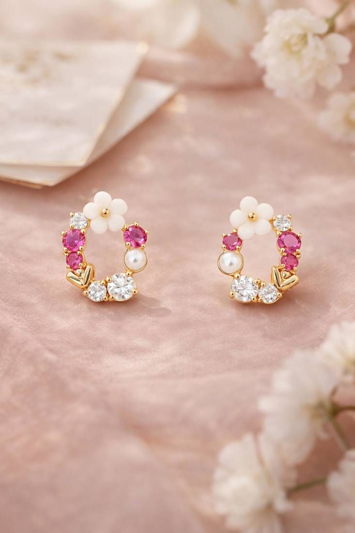 Gold tone floral wreath drop earrings with multicolor crystals, pearl accents polished finish, medium size