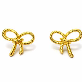 Gold bow stud earrings, twisted rope design, feminine style, post back closure 1