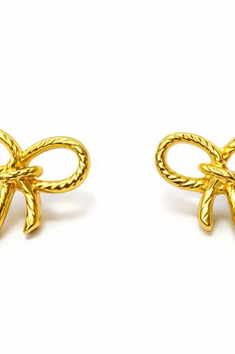 Gold bow stud earrings, twisted rope design, feminine style, post back closure