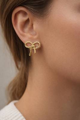 Gold bow stud earrings, twisted rope design, feminine style, post back closure 2