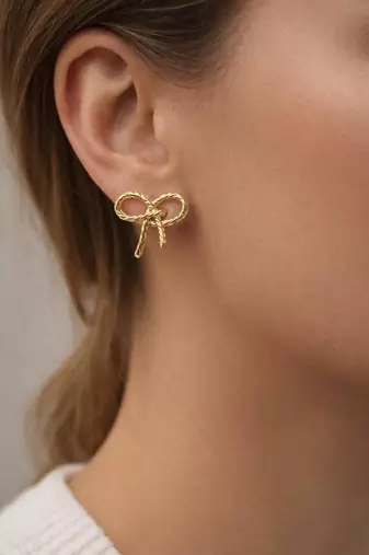 Gold bow stud earrings, twisted rope design, feminine style, post back closure